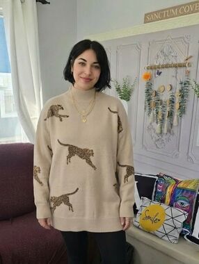 Cream Animal Print High Neck Split Hem  Cozy Knit Sweater